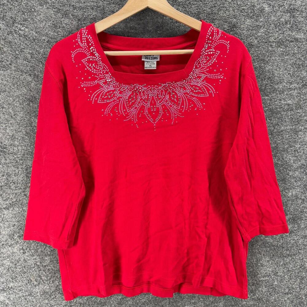 Isaac's Designs Blouse Women XL Red Rhinestone 3/4 Sleeve Cotton Square Neck
